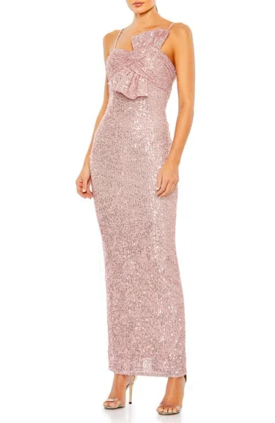 MAC DUGGAL MAC DUGGAL SEQUINED STRAPPLESS FAUX BOW COLUMN GOWN