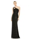 Mac Duggal Long Sleeve Sequin Faux Wrap Gown In Black