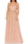 Mac Duggal Sequined Striped Sleeveless V Neck A Line Gown (plus) In Apricot
