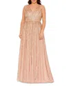 Mac Duggal Sequined Striped Sleeveless V Neck A Line Gown In Apricot