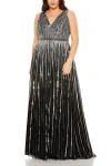 Mac Duggal Sequined Striped Sleeveless V Neck A Line Gown (plus) In Black Silver