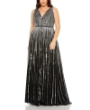 Mac Duggal Sequined Striped Sleeveless V Neck A Line Gown (plus) In Black Silver