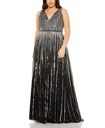 Mac Duggal Sequined Striped Sleeveless V Neck A Line Gown In Black Silver