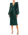 Mac Duggal Sequined Structure Bishop Sleeve Column Gown In Green