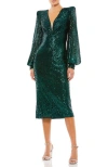 Mac Duggal Sequined Structure Bishop Sleeve Column Gown In Green