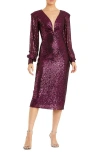 Mac Duggal Sequined Structured Bishop Sleeve Midi Dress In Purple