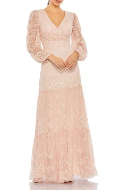 Mac Duggal Sequined Tiered Wrap Over Puff Sleeve Gown In Blush