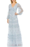 Mac Duggal Sequined Tiered Wrap Over Puff Sleeve Gown In Sky Blue