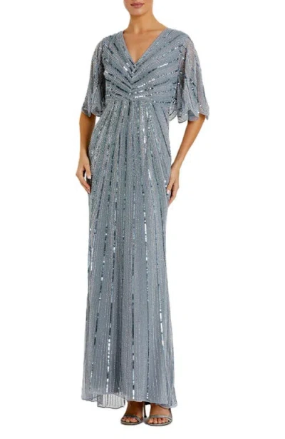 Mac Duggal Sequined V Neck Cape Sleeve Column Gown In Slate Blue