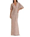 Mac Duggal Sequined V Neck Cape Sleeve Column Gown In Vintage Rose