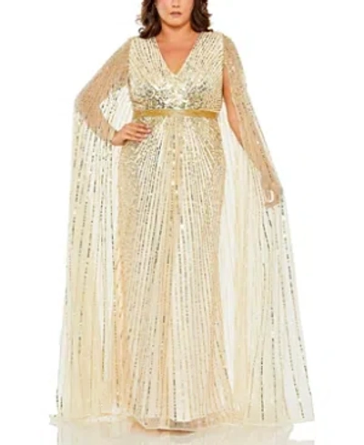 Mac Duggal Women's Plus Size Sequined V-neck Cape-sleeved Gown In Beige