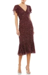 Mac Duggal Sequined V Neck Flutter Cap Sleeve Trumpet Dress In Garnet