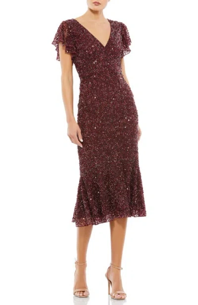 Mac Duggal Sequined V Neck Flutter Cap Sleeve Trumpet Dress In Garnet