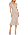 Mac Duggal Sequined V Neck Flutter Cap Sleeve Trumpet Dress In Nude Silver