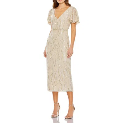 MAC DUGGAL MAC DUGGAL SEQUINED V NECK FLUTTER SLEEVE TEA LENGTH DRESS