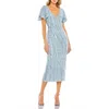 Mac Duggal Sequined V Neck Flutter Sleeve Tea Length Dress In Powder Blue