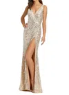 Mac Duggal Sequined V-neck Gown In Silver Nude In Gold