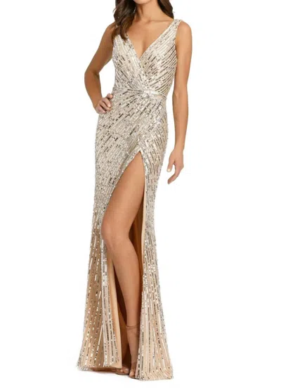 Mac Duggal Sequined V-neck Gown In Silver Nude In Gold