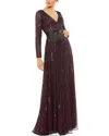Mac Duggal Sequined Long Sleeve Plunging V-neck Gown