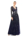 Mac Duggal Midnight Long Sleeve Embellished Evening Gown In Midnight