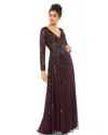 Mac Duggal Sequined Long Sleeve Plunging V-neck Gown In Mulberry