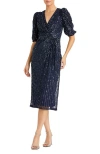 Mac Duggal Sequined V-neck Short Puff Sleeve Midi Dress In Blue