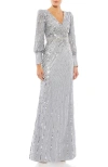 Mac Duggal Sequined Wrap Gown With Dramatic Bishop Sleeves In Silver