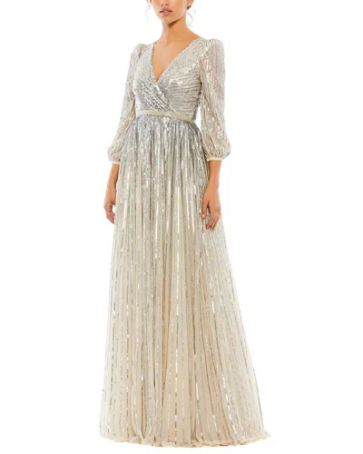 Mac Duggal Sequined Wrap Over 3/4 Sleeve Gown In Gray