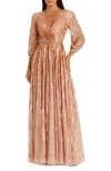 Mac Duggal Sequined Wrap Over 3/4 Sleeve Gown In Apricot