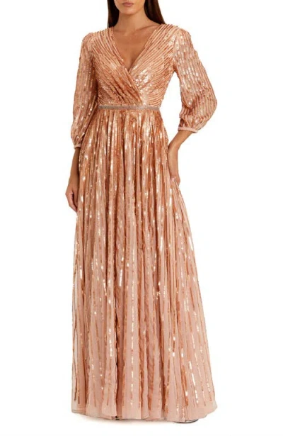 Mac Duggal Sequined Wrap Over 3/4 Sleeve Gown In Apricot