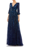 Mac Duggal Sequined Wrap Over 3/4 Sleeve Gown In Blue