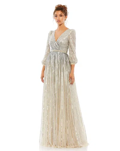 Mac Duggal Sequined Wrap Over 3/4 Sleeve Gown In Multi