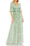 Mac Duggal Sequin Surplice Tulle Gown In Sage