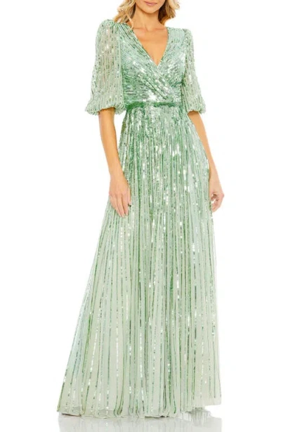 MAC DUGGAL MAC DUGGAL SEQUINED WRAP OVER 3/4 SLEEVE GOWN