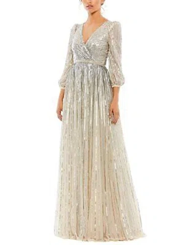 Pre-owned Mac Duggal Sequined Wrap Over 3/4 Sleeve Gown Women's In Silver Nude
