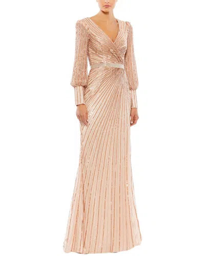 Mac Duggal Sequined Wrap Over Bishop Sleeve Gown In Neutral