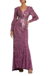 Mac Duggal Sequined Wrap Over Bishop Sleeve Gown