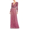 Mac Duggal Sequined Wrap Over Bishop Sleeve Gown