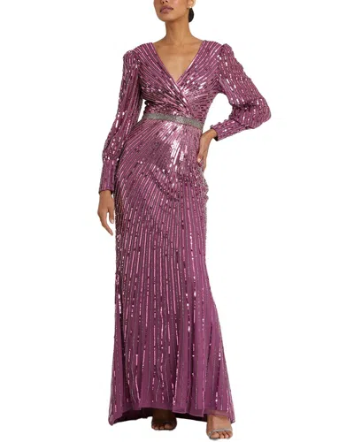 Mac Duggal Sequined Wrap Over Bishop Sleeve Gown In Purple