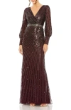 Mac Duggal Sequined Wrap Gown With Dramatic Bishop Sleeves In Blackberry