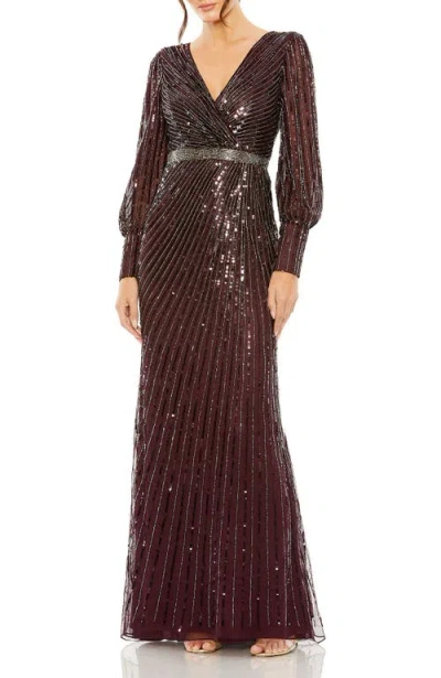 MAC DUGGAL MAC DUGGAL SEQUINED WRAP GOWN WITH DRAMATIC BISHOP SLEEVES
