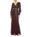 Mac Duggal Sequined Wrap Over Bishop Sleeve Gown In Blackberry