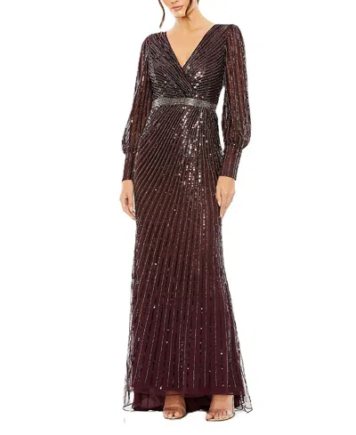 Mac Duggal Sequined Wrap Over Bishop Sleeve Gown In Blackberry