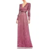 Mac Duggal Sequined Wrap Over Bishop Sleeve Gown In Mauve