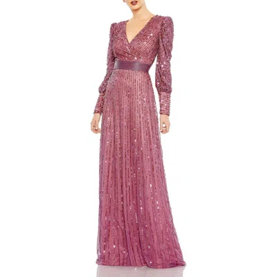Mac Duggal Sequined Wrap Over Bishop Sleeve Gown In Mauve