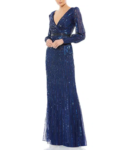 MAC DUGGAL SEQUINED WRAP OVER BISHOP SLEEVE GOWN