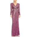 Mac Duggal Sequined Wrap Over Bishop Sleeve Gown In Raspberry
