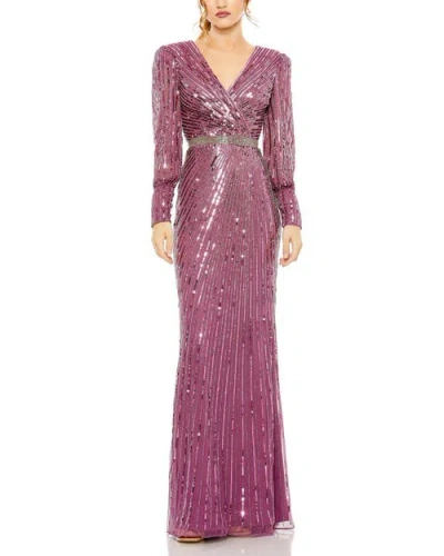 Mac Duggal Sequined Wrap Over Bishop Sleeve Gown In Raspberry