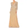 Mac Duggal Sequined Wrap Over Bishop Sleeve Gown In Vanilla Silver