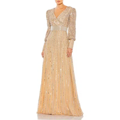 Mac Duggal Sequined Wrap Over Bishop Sleeve Gown In Vanilla Silver
